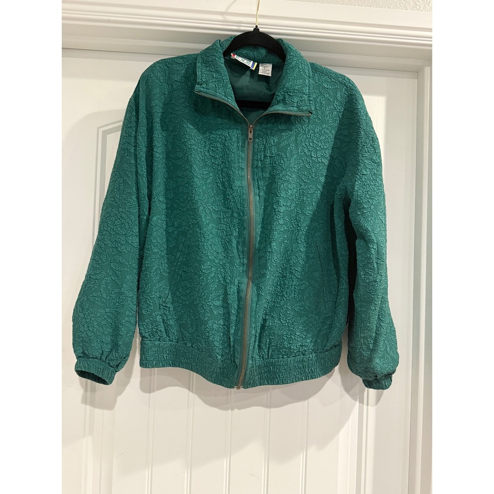 Vintage 90's EVR Rousso Silk Floral Matelasse Bomber Jacket Emerald Green Small
